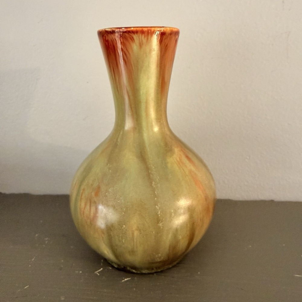VTG Artisan Made Pottery Vase Miniature Green Brown Drip Glaze 4" Artist Signed
